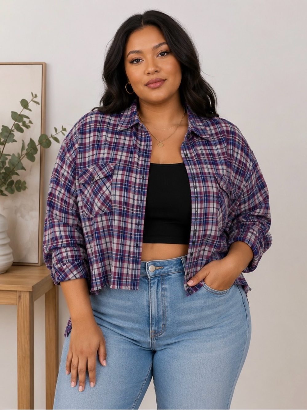 Plaid frayed hem crop shirt button down navy blue blouse pockets top red 3X